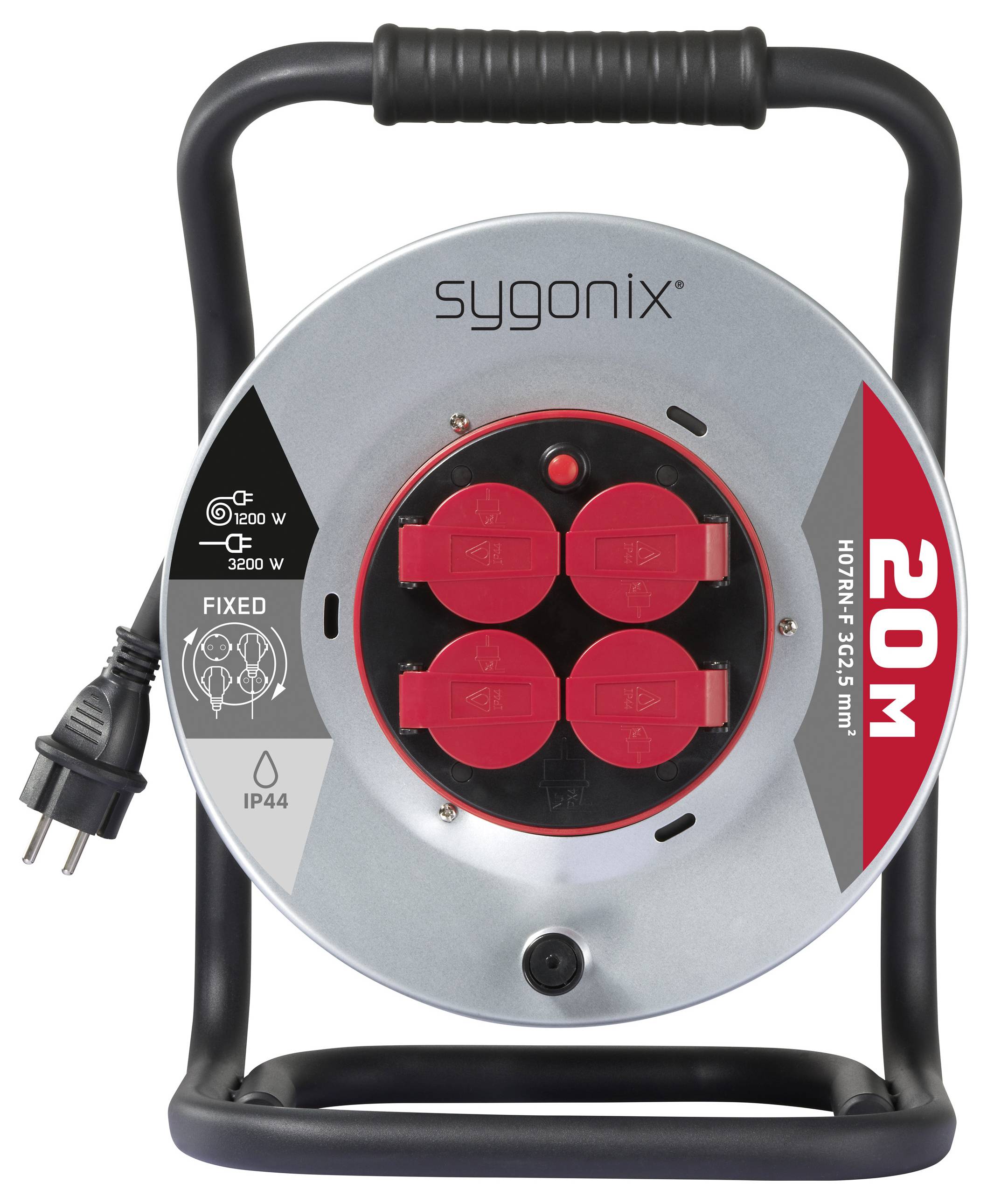 Een kabelhaspel met vier rode stopcontacten, gelabeld 'sygonix', 20 meter lang, ondersteunt 1200W en 3200W, met IP44 waterbestendigheidsclassificatie.