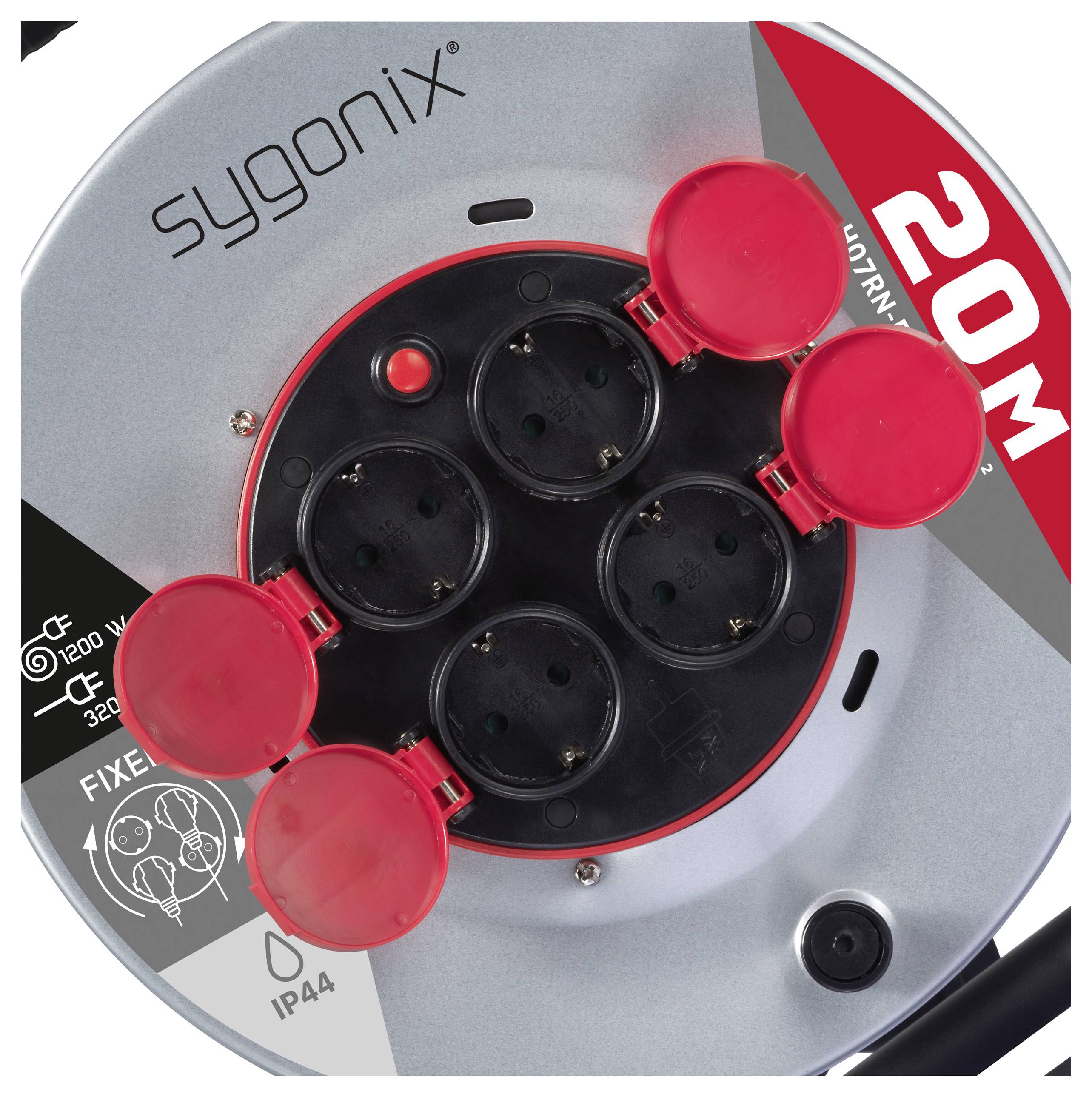 Kabelstroomhaspel met vier stopcontacten, rode doppen, gemarkeerd met '20M'. Specificaties 1200W-230V, IP44. Merk 'Sygonix' zichtbaar.