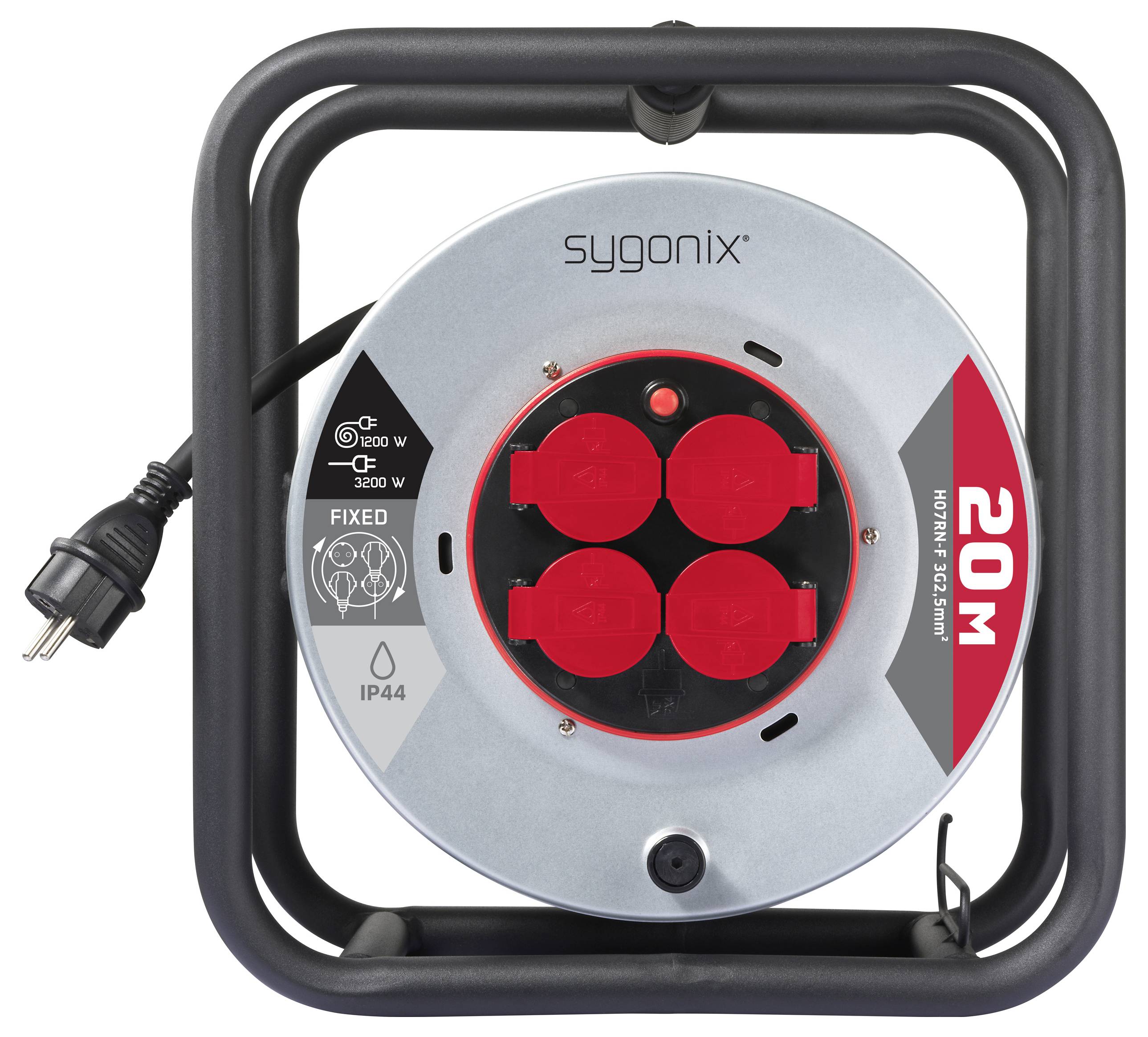 Een kabelrol met vier rode stopcontacten, gemarkeerd met '20M' en 'sygonix'. Kenmerken zijn een handgreep, stroomkabel en een capaciteitslabel van 3200W.