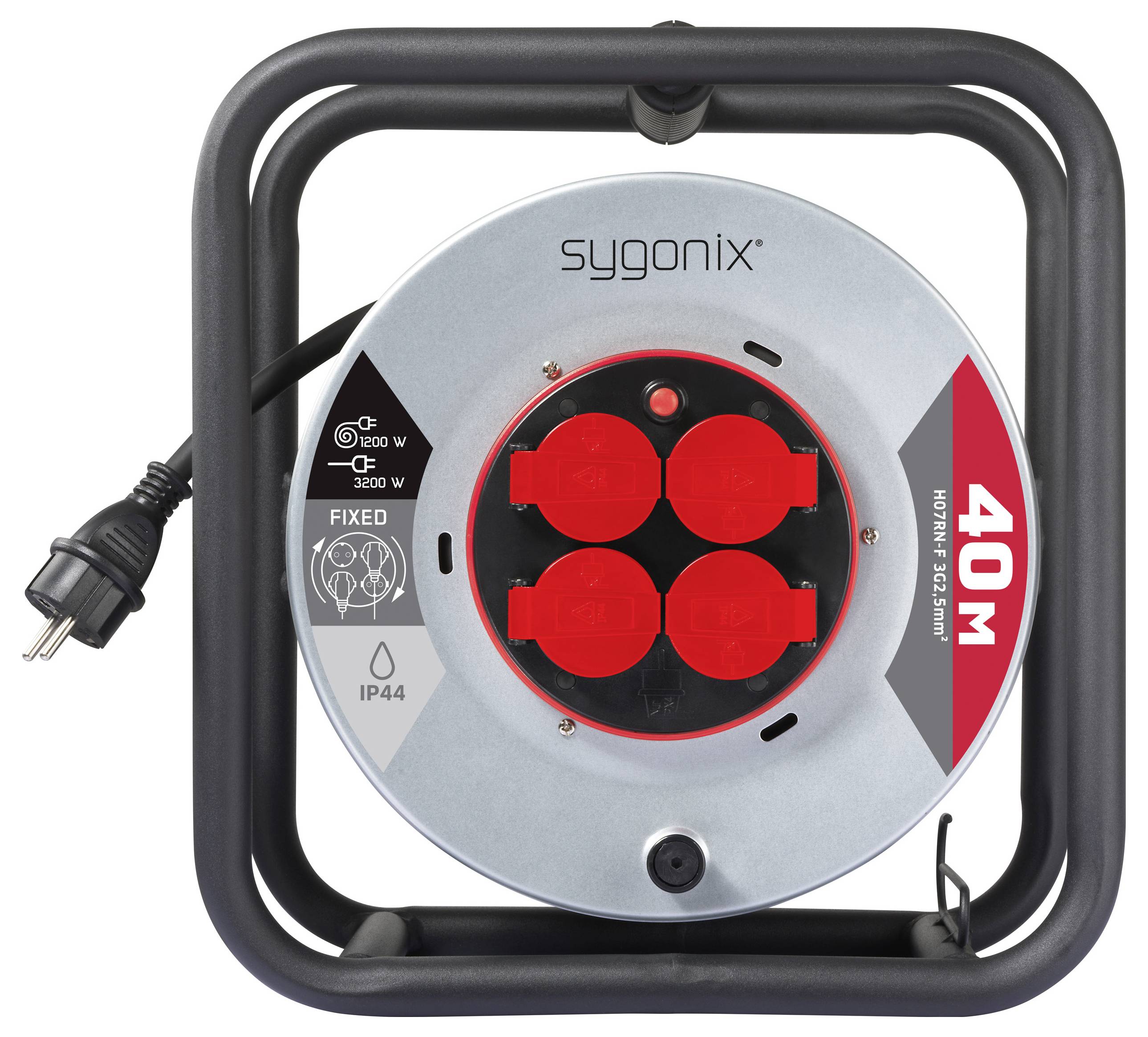'Haspel met vier rode stopcontacten op een metalen frame, gemarkeerd als 40M en 230V 16A. Inclusief stroomkabel, IP44-classificatie en sygonix-merk.'
