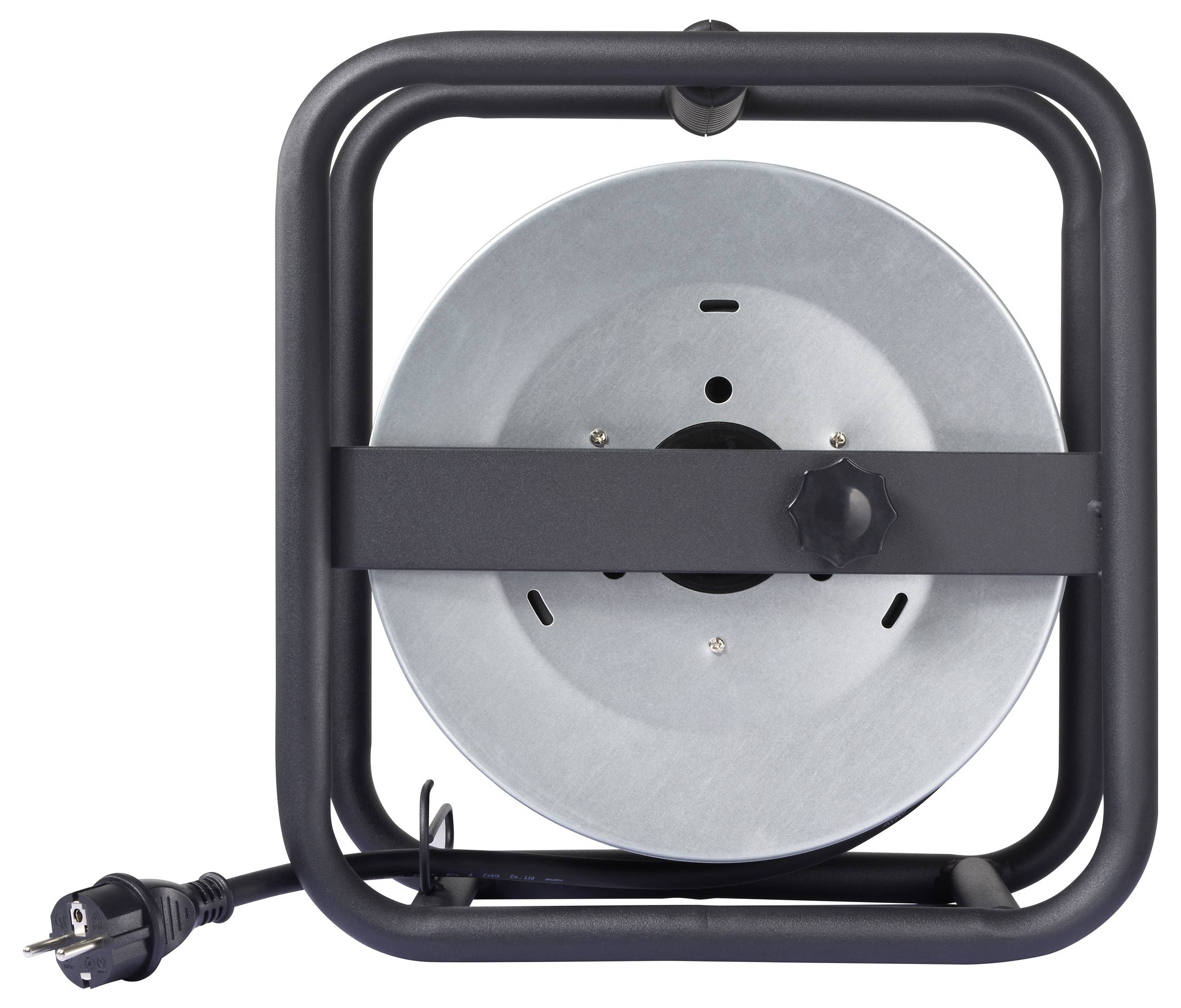 Een grote, vierkante kabelhaspel met een metalen spoel en zwart frame, met een elektrische stekker bevestigd aan een snoer, wat aangeeft dat deze wordt gebruikt voor het oprollen en opslaan van kabels.