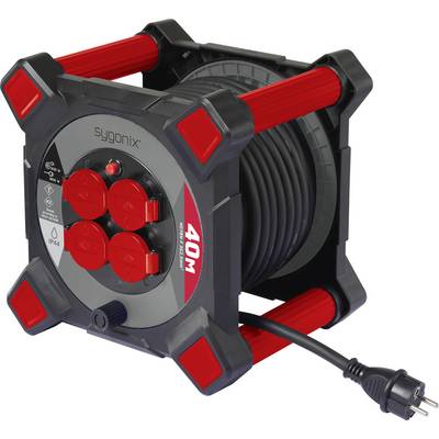 Een zwarte en rode kabelrol gelabeld met 'Sygonix' met 40 meter zwarte kabel en vier rode stopcontacten, ontworpen voor draagbaar elektrisch gebruik.