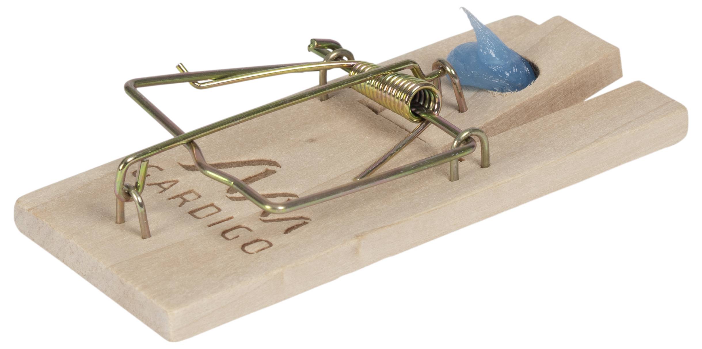 Een houten muizenval met een blauwe lokstof op de metalen veer.