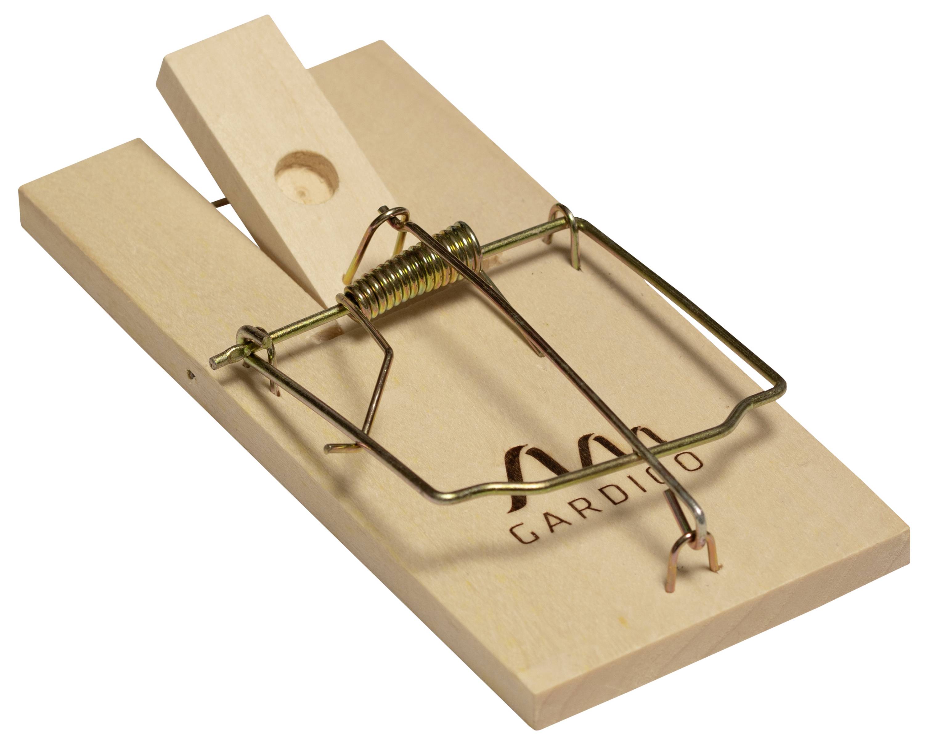Een houten muizeval met een metalen scharnier en veerconstructie ligt op een vlak oppervlak.