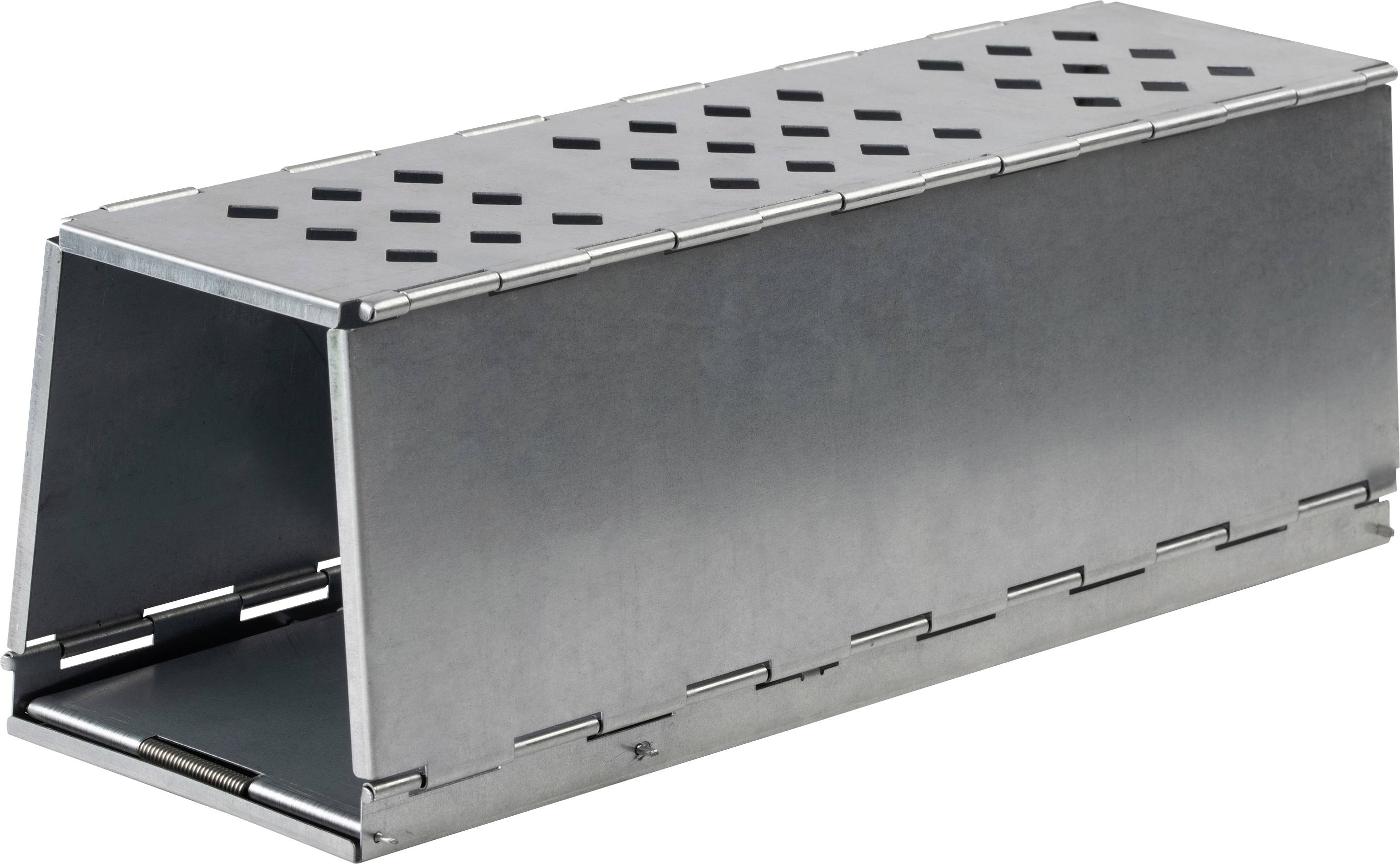 Een rechthoekige metalen tunnel met een gatpatroon, mogelijk een val of behuizing voor technische apparatuur.