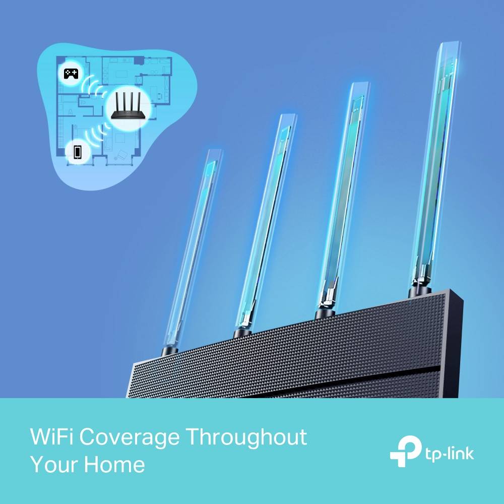 Het beeld toont een WLAN-router met vier antennes. Op de achtergrond is een grafiek die de WiFi-dekking in een huis weergeeft. In de tekst staat: 'WiFi-dekking door heel uw huis'.