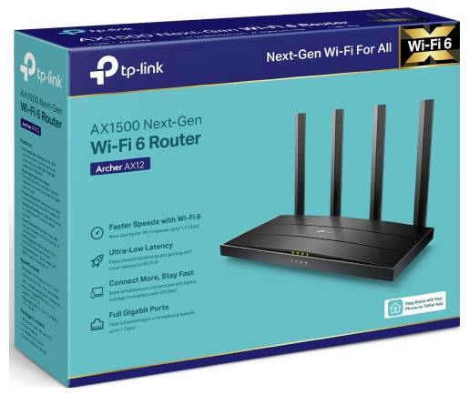 Een verpakking van een TP-Link AX1500 Next-Gen Wi-Fi 6 Router. Op de voorkant zijn kenmerken zoals hogere snelheid en lage latentie vermeld.