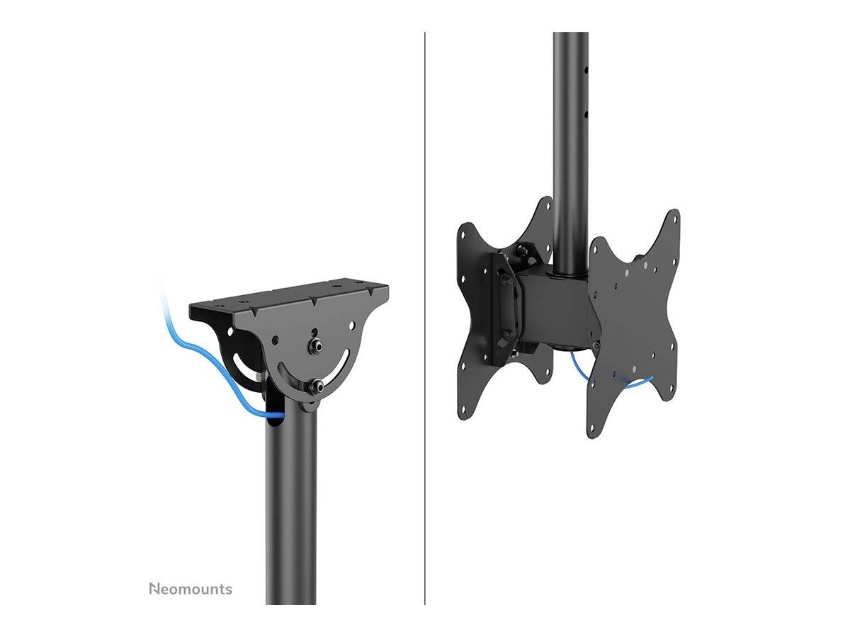 'Neomounts' monitorsteun; twee weergaven: links toont de steunconstructie, rechts toont de bevestiging voor monitoren met kabels.