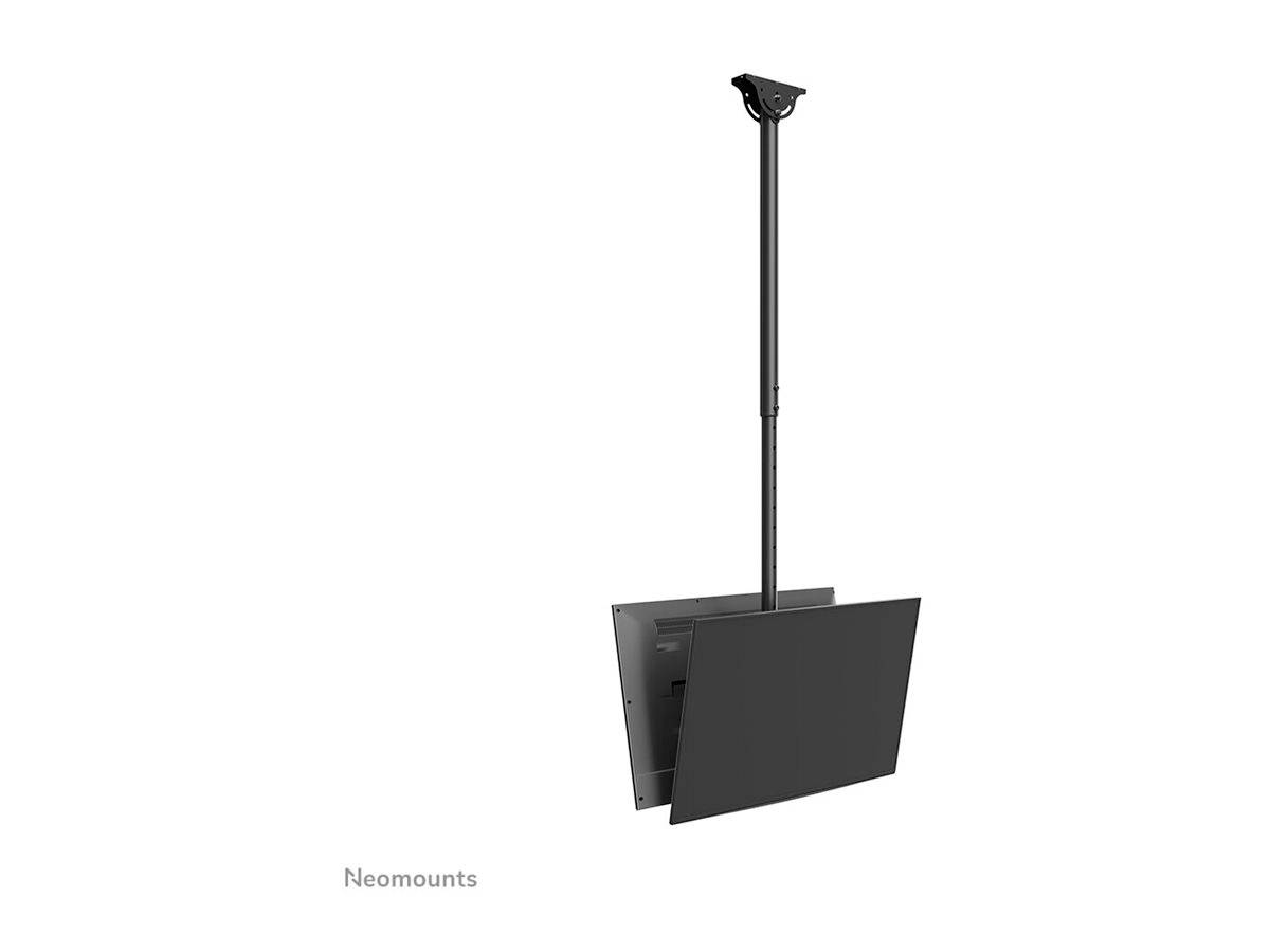 Een flatscreen is gemonteerd op een plafondbeugel. De beugel is zwart en in hoogte verstelbaar, geschikt voor kantoorruimtes.