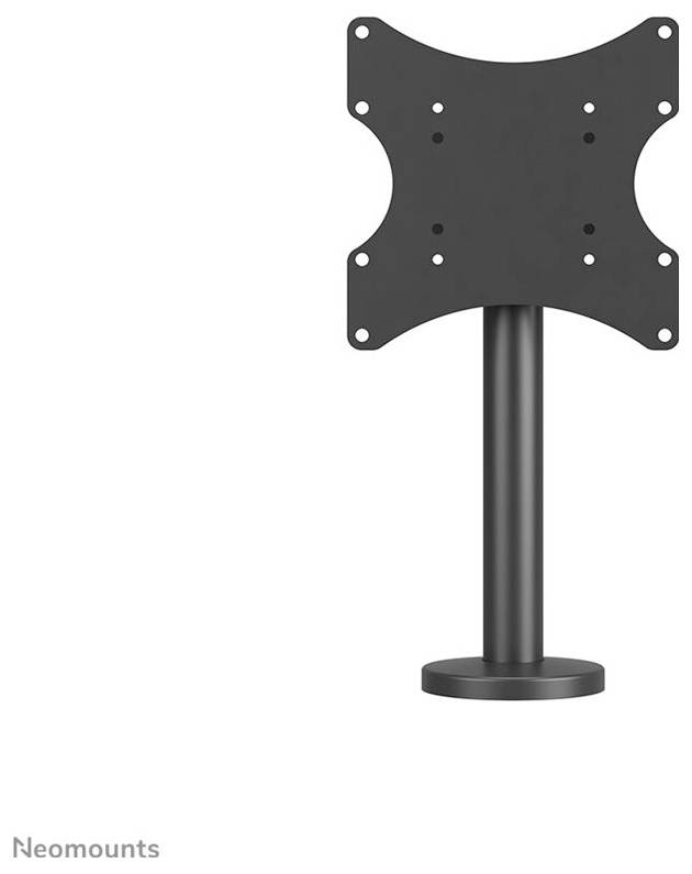Een zwarte monitorstandaard van Neomounts met VESA-bevestiging van metaal. Het design is strak en stevig, geschikt voor tafelbevestiging.