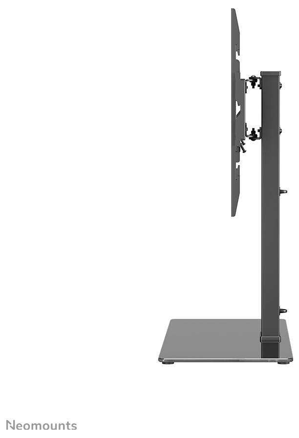 Zijaanzicht van een monitorstandaard met verstelbare beugel, geschikt voor verschillende schermformaten.