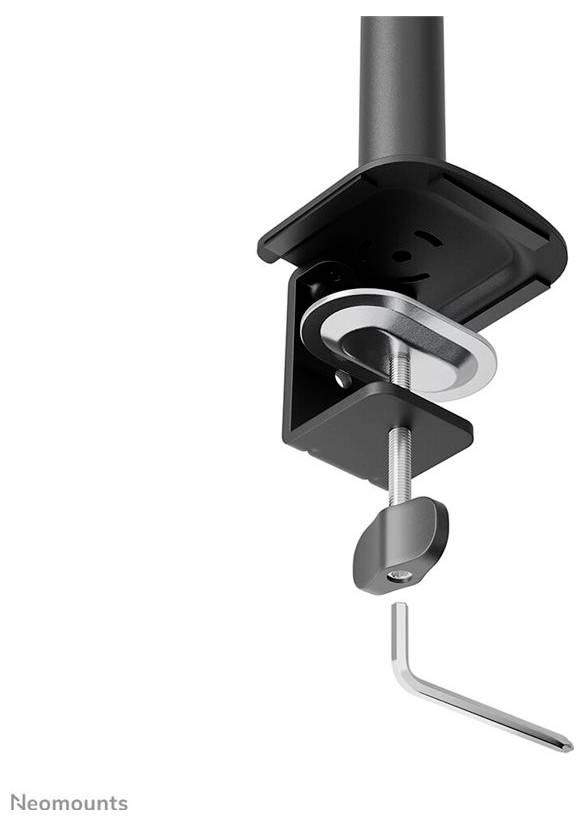 Close-up van een zwarte tafelklem met schroef en meegeleverd metalen gereedschap, bedoeld voor het bevestigen van een monitor aan een tafel.