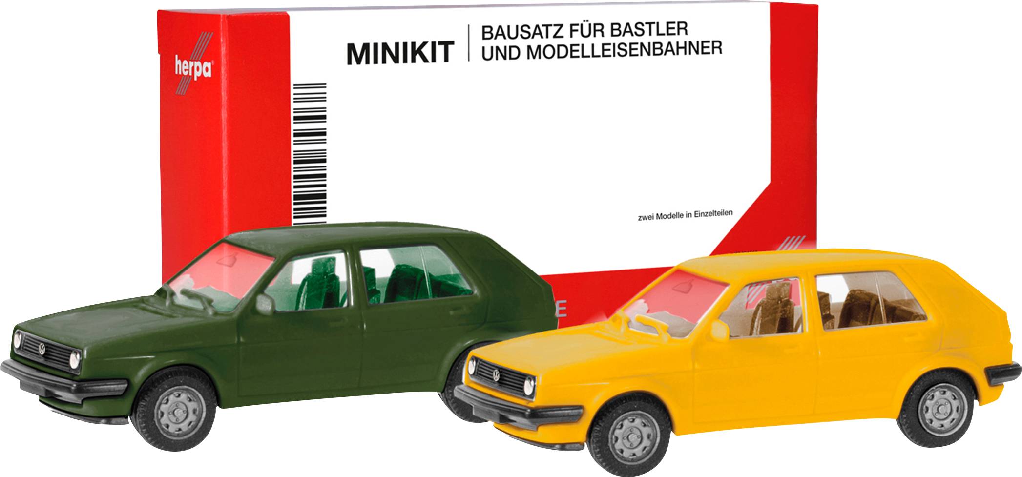 Herpa 012195-010 H0 Auto Volkswagen Golf II 4-deurs, olijfgroen en ginegeel