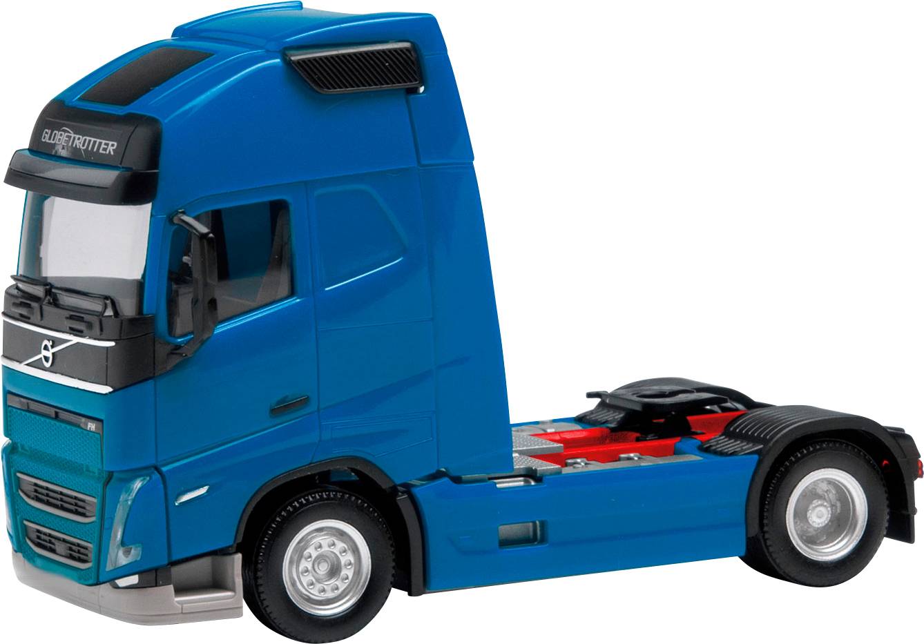 Blauwe speelgoed-vrachtwagen op schaal, zijaanzicht. Scandinavisch design met zichtbare bestuurderscabine en achterwielkap.