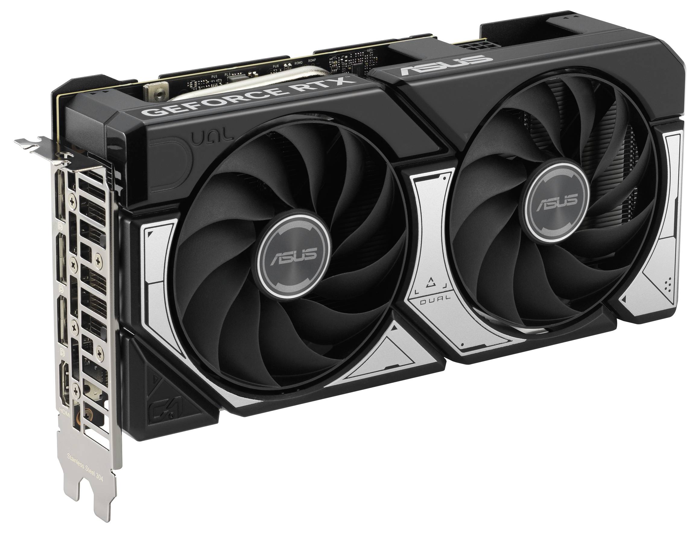 Videokaart met twee grote ventilatoren, voorzien van de opschriften 'GEFORCE RTX' en 'ASUS', toont technologisch design voor computertoepassing.