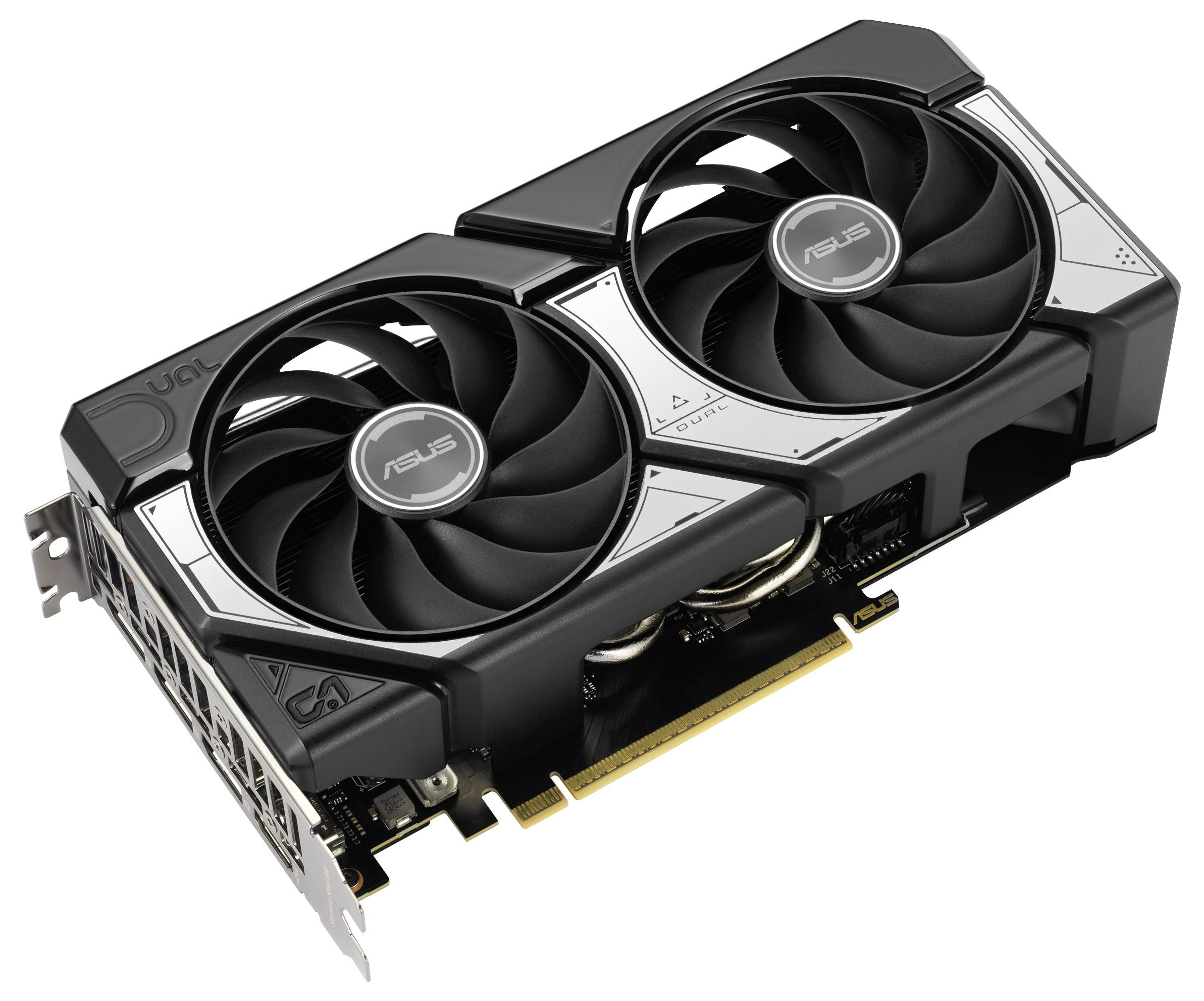 Videokaart met twee ventilatoren, zwarte behuizing, zilveren accenten, van ASUS. Bevat een PCIe-aansluiting voor installatie in computers.
