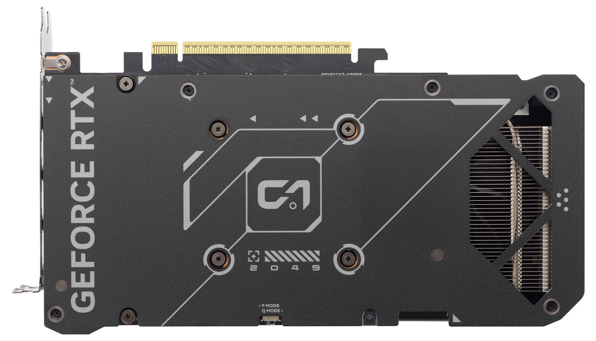 Videokaart met de tekst 'GEFORCE RTX' langs de zijkant aan de achterkant, ontwerp met lijnen en geometrische vormen, zichtbare zilveren koelribben.