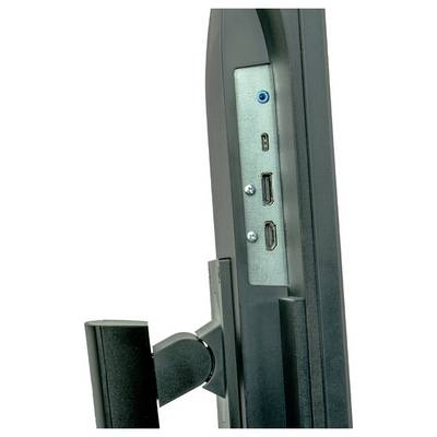 'Close-up van een monitor met aansluitingen aan de zijkant, waaronder HDMI- en USB-poorten. De monitor is bevestigd op een standaard.'
