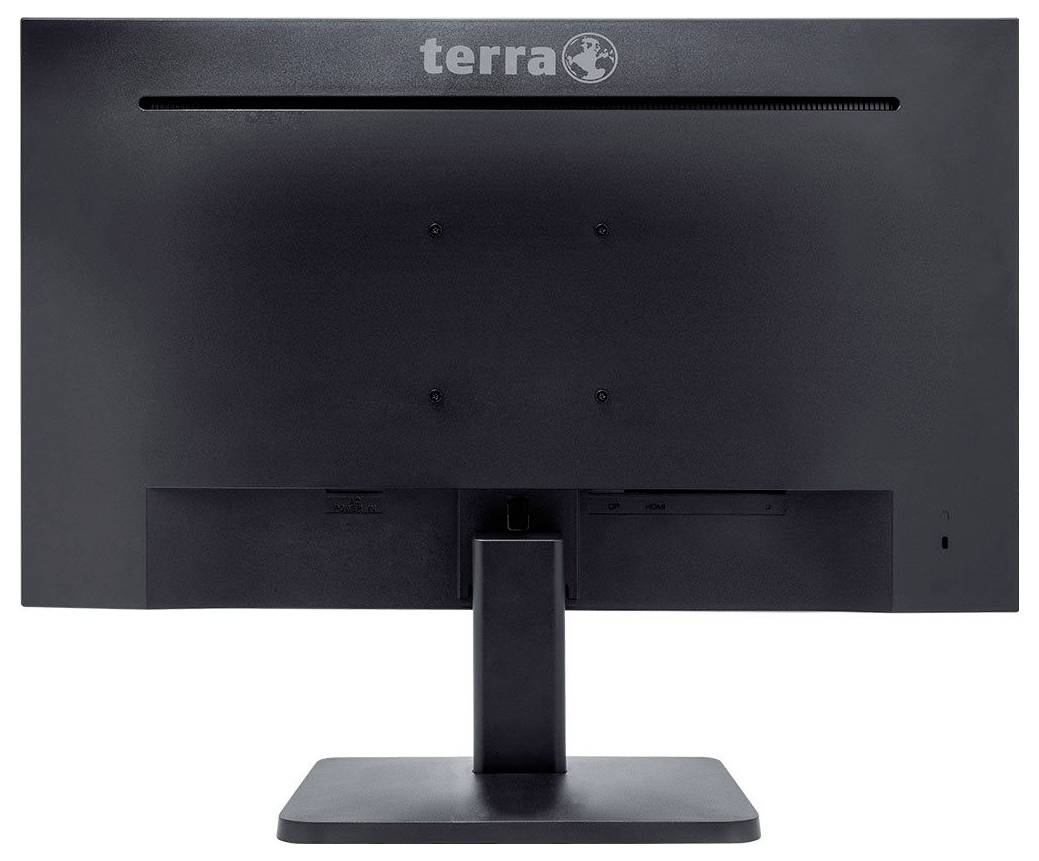 Een zwart computerscherm van achteren, merk 'terra', op een rechthoekige voet.