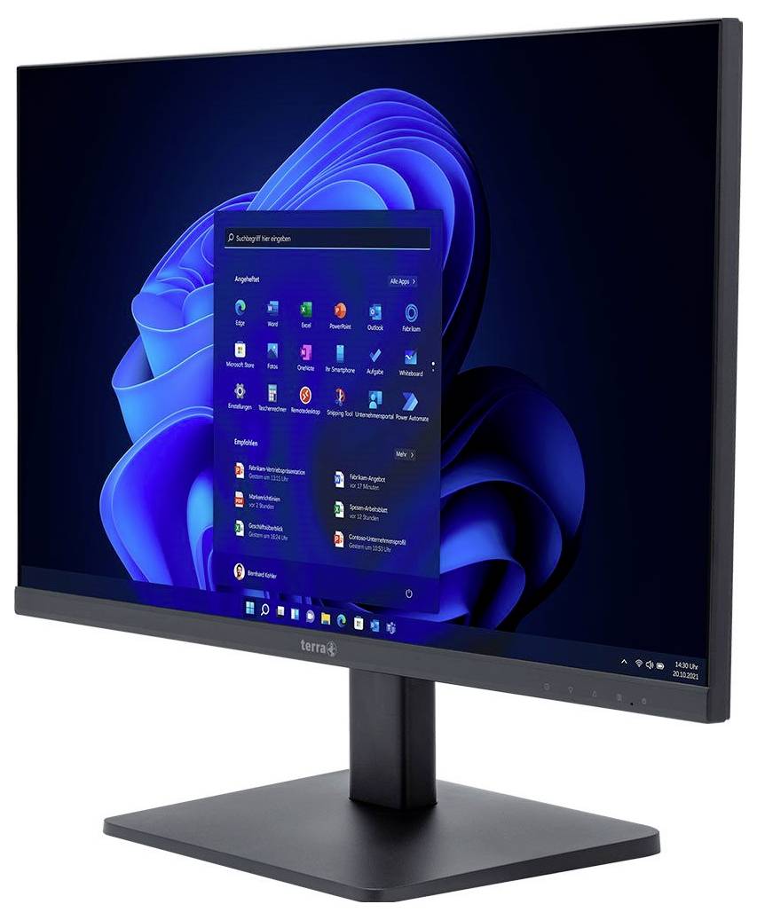 Een zwarte monitor toont een bureaublad met een geopende startmenubalk en een blauwe abstracte achtergrondafbeelding.