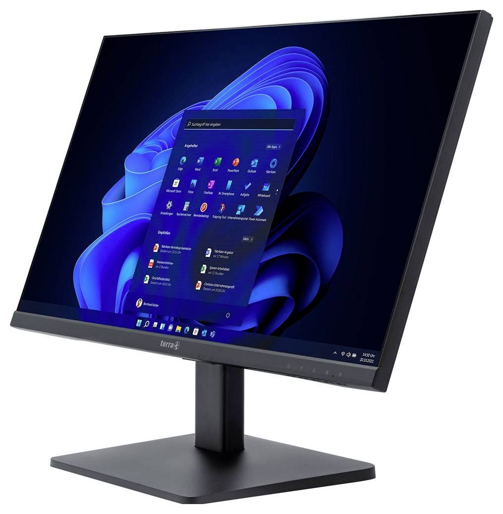 Een zwarte computermonitor met Windows-bureaublad is schuin van opzij te zien. Op het scherm zijn pictogrammen en een menu zichtbaar.