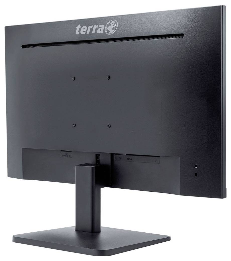 Achterkant van een zwarte computermonitor met bovenaan in het midden de tekst 'terra', geplaatst op een rechthoekige standaard.