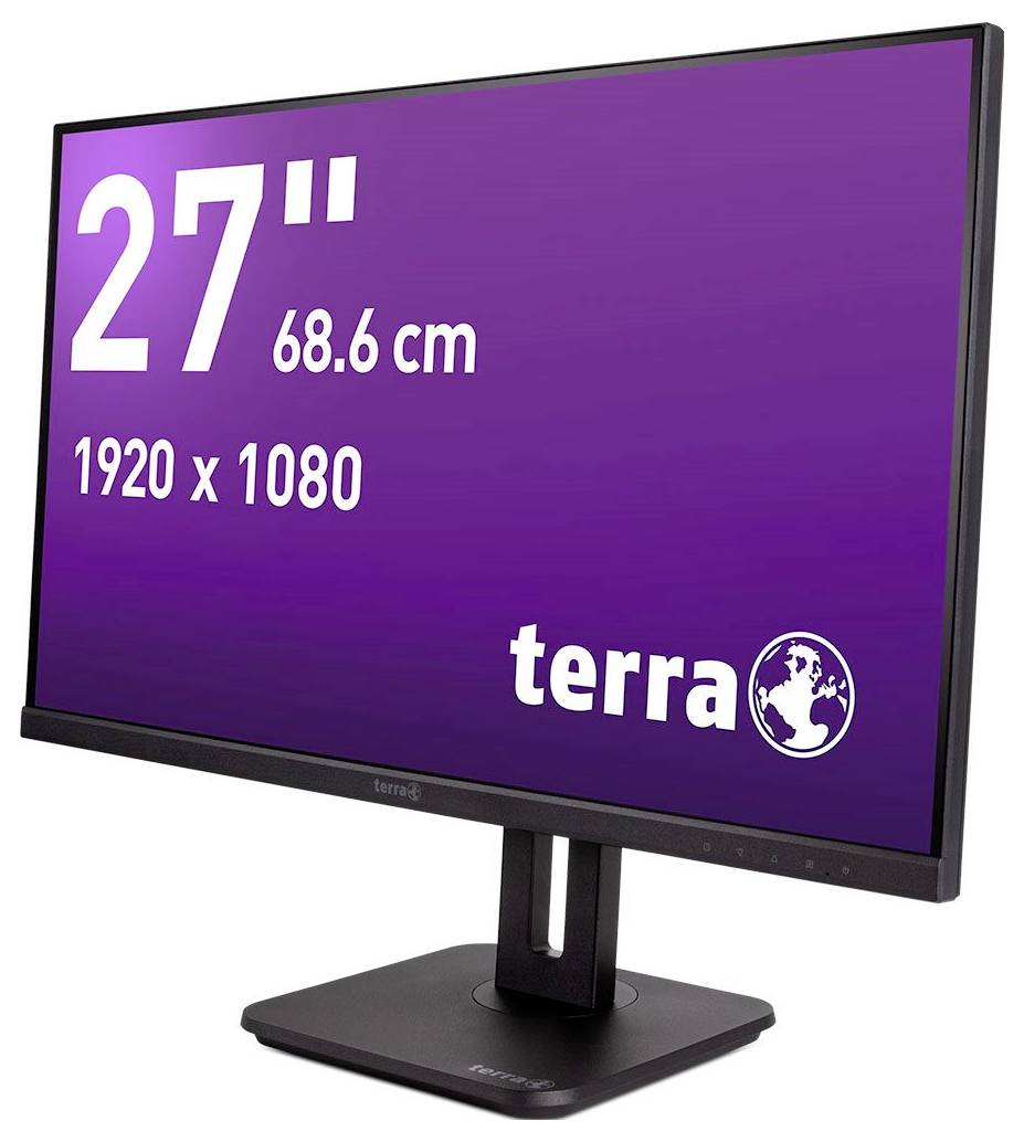 Een zwarte computermonitor van Terra met een 27 inch scherm, 68,6 cm diagonaal en een resolutie van 1920 x 1080.