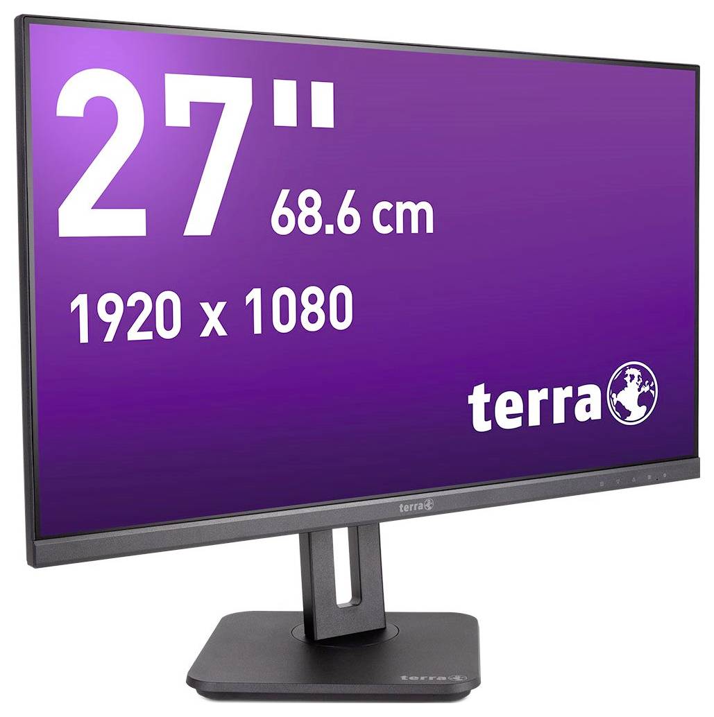 27-inch monitor met resolutie 1920 x 1080, merk Terra. Ontspiegeld display op zwarte standaard, paarse achtergrond.