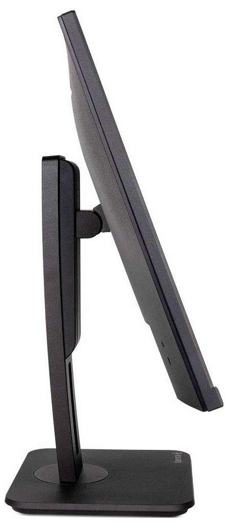 Zijaanzicht van een zwarte computermonitor met een slanke rand en verstelbare standaard.
