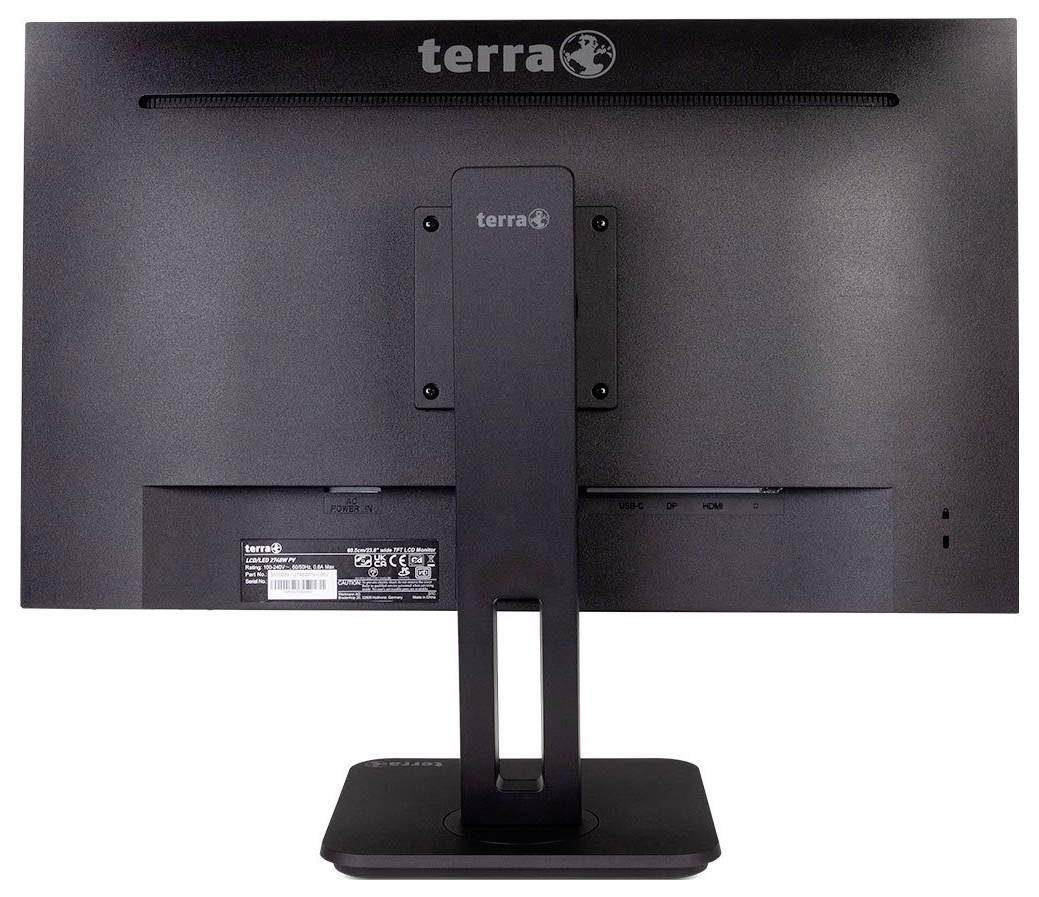 Een zwartgrijze computerscherm van het merk 'terra', achteraanzicht, gemonteerd op een rechthoekige standaard.