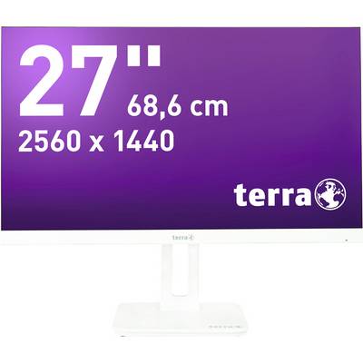 Monitor met 27 inch (68,6 cm) beeldschermdiagonaal, resolutie van 2560 x 1440 pixels, paarse achtergrond met witte tekst, merk 'terra'.