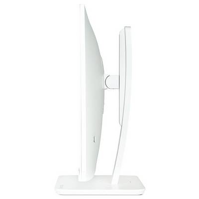 Een slanke, witte flatscreen van opzij, gemonteerd op een rechthoekige voet, toont het minimalistische design.