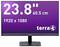 'Monitor terra 23,8 inch, 60,5 cm, met Full-HD-resolutie 1920 x 1080. Zwarte rand, paarse schermachtergrond.'