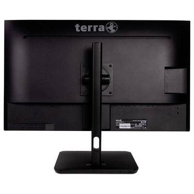Een zwart computerscherm van het merk Terra, gezien van achteren. Het apparaat staat op een rechthoekige voet met een verticale steun.