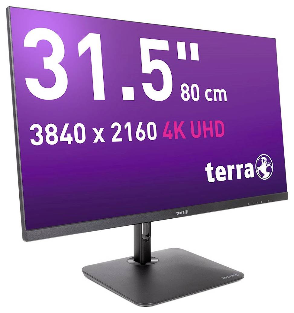 Monitor met 31,5 inch scherm, resolutie 3840 x 2160, 4K UHD, paarse achtergrond, merk 'terra'.