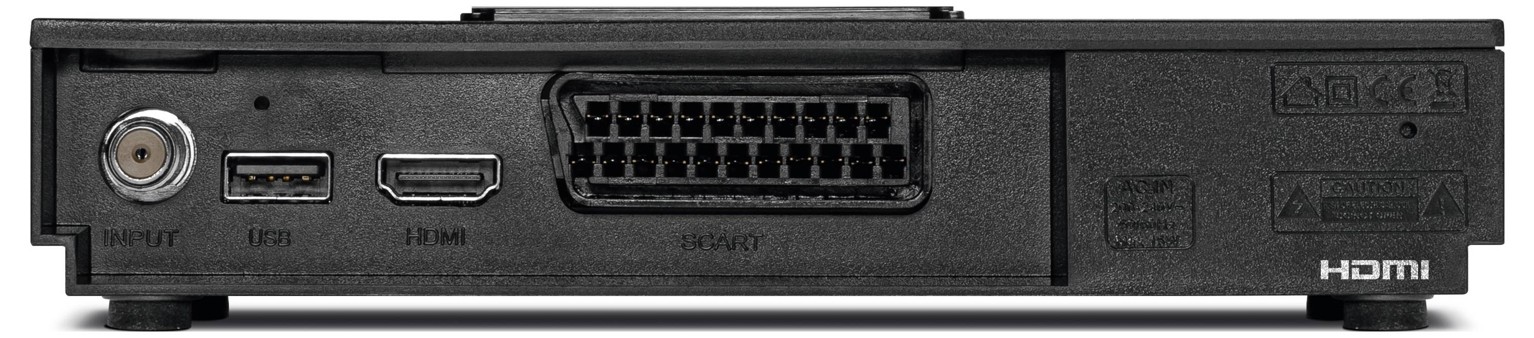 'Achterkant van een elektronisch apparaat met aansluitingen: coaxiaal, USB, HDMI, SCART. Gemarkeerd met HDMI en waarschuwingssymbolen.'