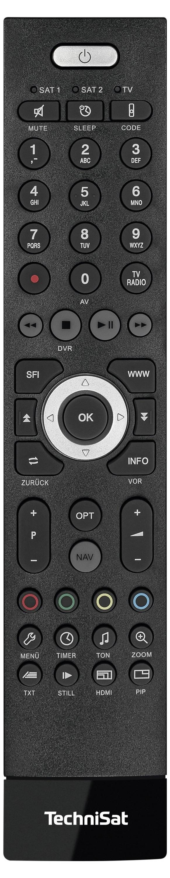 Een zwarte afstandsbediening met knoppen voor Aan/Uit, Volume, Zenders, Navigatiepad en andere functies. Merk: TechniSat.