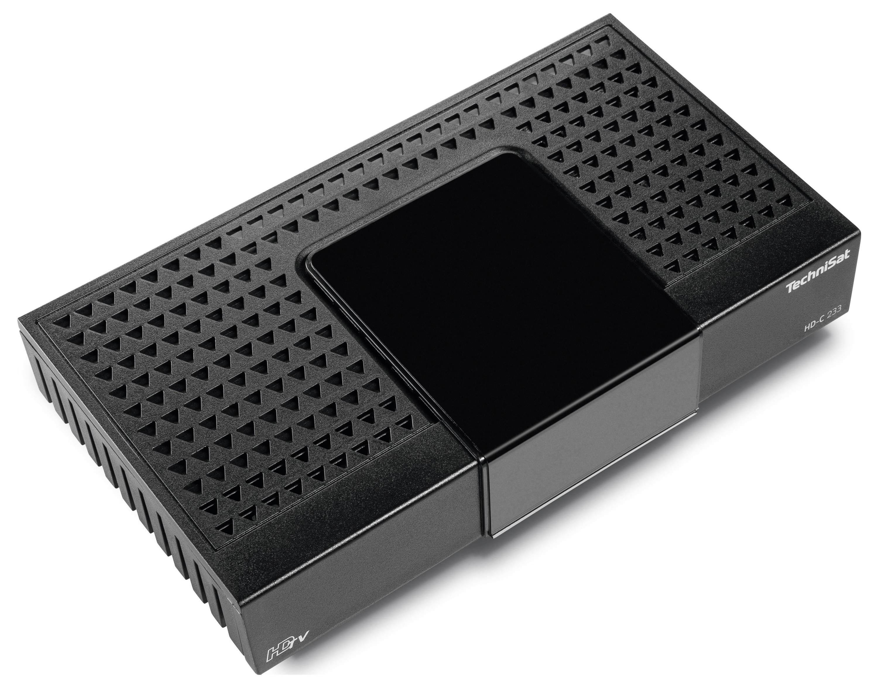 Een zwarte Technisat-ontvanger, model 'DigiPal DAB+', met geventileerde oppervlakte en slanke vormgeving, ligt op een tafel.