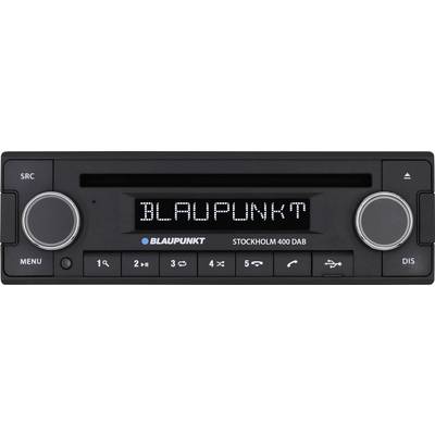 Autoradio van Blaupunkt, model Stockholm 400 DAB. Toont het woord 'BLAUPUNKT' op het display, omringd door verschillende bedieningselementen.