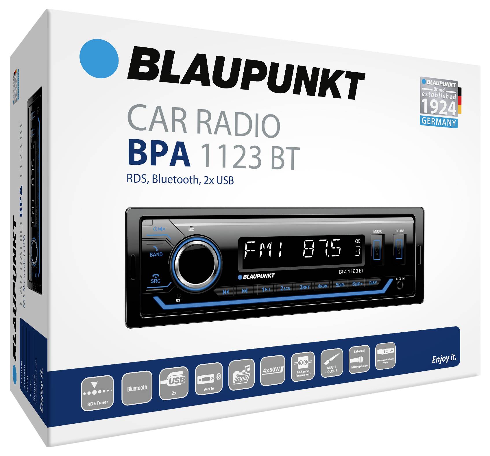 Verpakking van een 'Blaupunkt BPA 1123 BT Autoradio' met RDS, Bluetooth en 2 USB-poorten. Functies zijn afgebeeld.