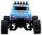 Speelgoedauto in blauw en oranje, met grote banden en lichten op het dak. Het toont een robuust en avontuurlijk ontwerp.