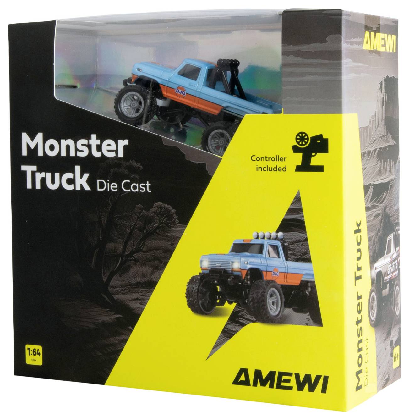 Speelgoed-monstertruck in blauw-oranje in een verpakking met het opschrift 'Monster Truck Die Cast'. Afstandsbediening inbegrepen.