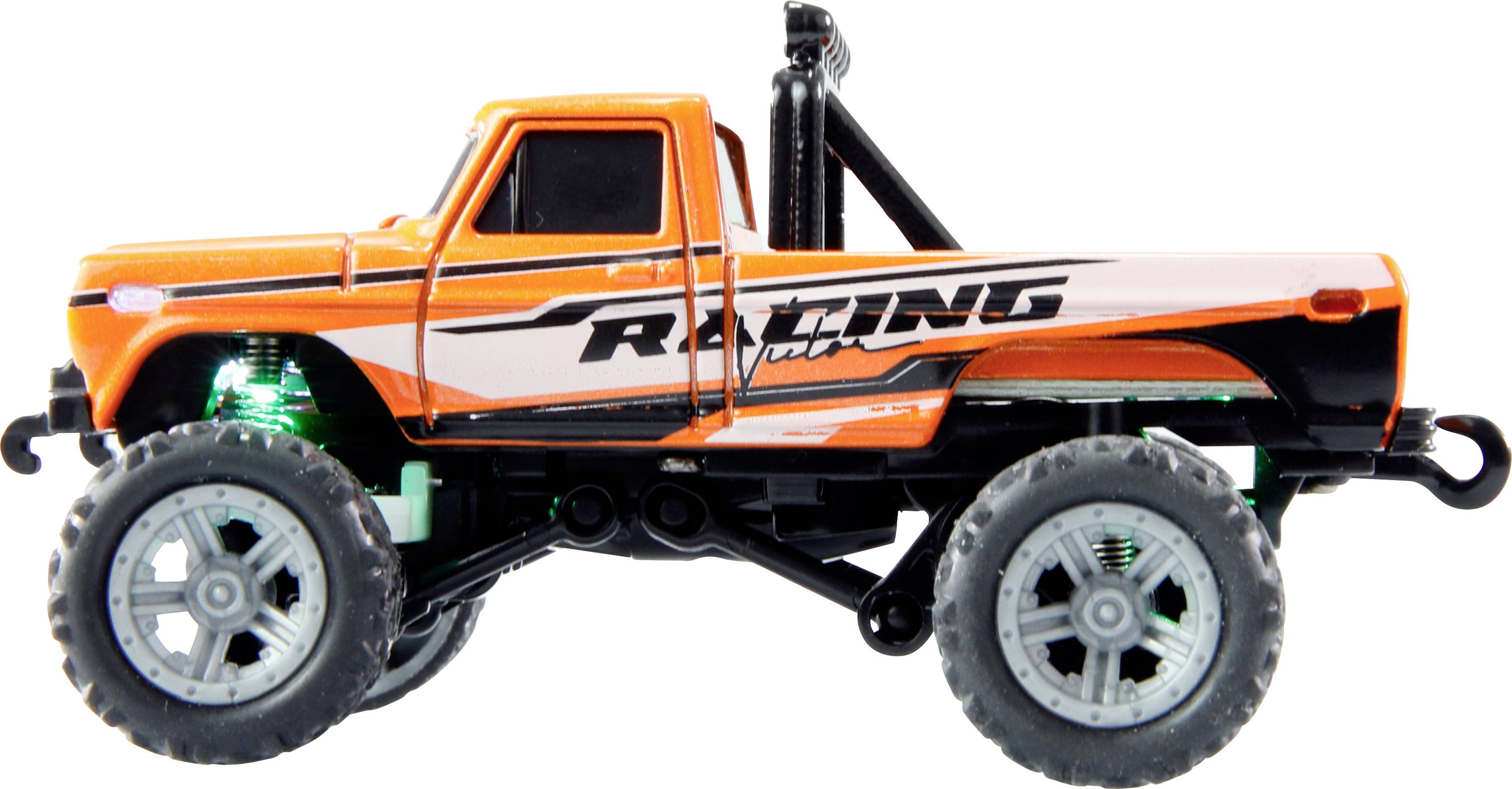 Een oranje speelgoed-monstertruck-model met het opschrift 'Racing' aan de zijkant, gezien van opzij.