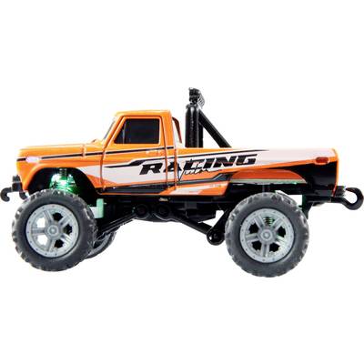 Een oranje speelgoed-monstertruck-model met het opschrift 'Racing' aan de zijkant, gezien van opzij.