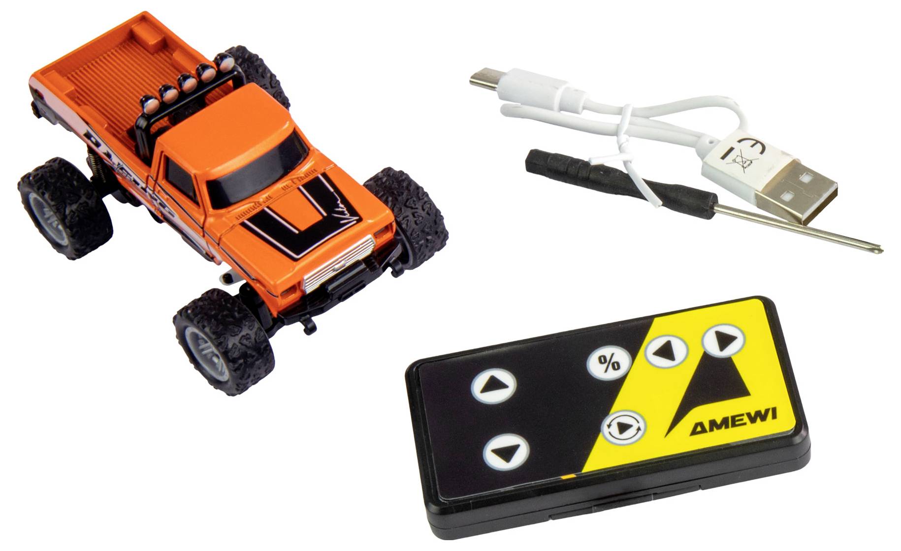 Speelgoedauto-set: Oranje mini-monstertruck met afstandsbediening, USB-oplaadkabel en schroevendraaier. Geschikt voor kinderen vanaf 8 jaar.