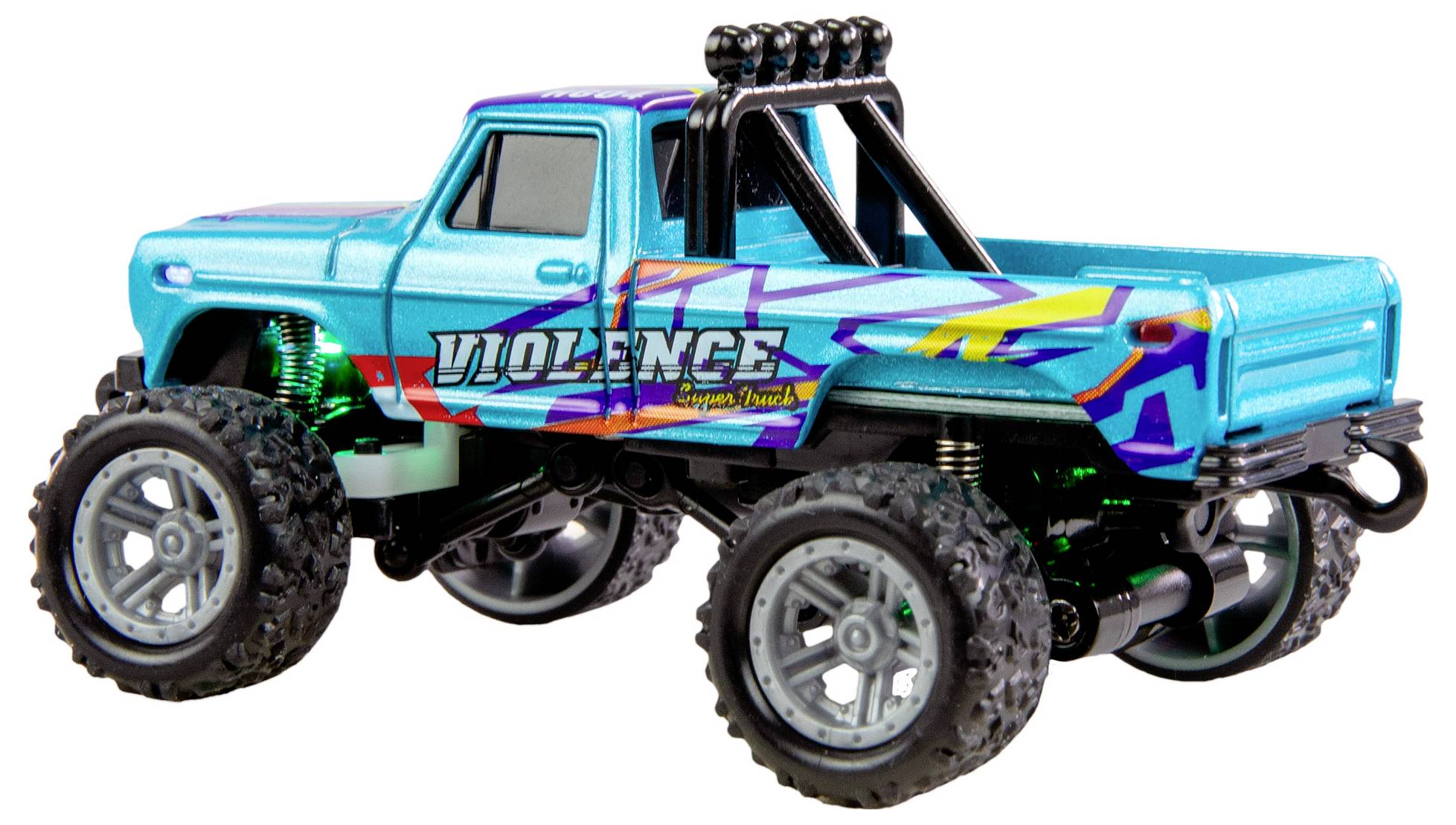 Een blauwe speelgoed-monstertruck met de tekst 'Violence' aan de zijkant. De truck heeft grote banden en een kleurrijk ontwerp.