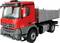 Rode vrachtwagen met open laadbak, geschikt voor het vervoer van zware goederen. Vooraanzicht met zichtbare details van de cabine.
