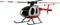 Speelgoedmodel van een helikopter in rood en grijs, met een opvallende staartrotor en een zwarte hoofdrotor.