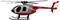 Speelgoedhelikopter in rood-wit met 'AMEWI' opschrift op de romp, staat op landingsschoren, zijaanzicht.