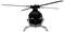 Een zwarte helikopter, frontaal gefotografeerd, op een witte achtergrond. De rotorbladen zijn zichtbaar en symmetrisch uitgelijnd.